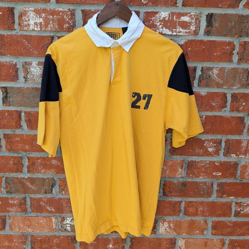 Faded Glory Rugby‎ Shirt Mens Medium Yellow Y2K Colorblock Short Sleeve